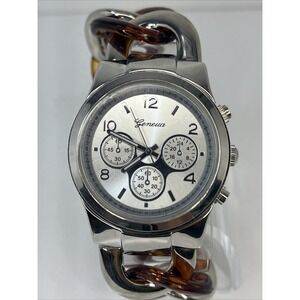 Geneva Women's Quartz Watch Silver & Tortoiseshell Chain Link‎ Band- New Battery